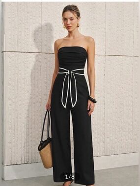 Commense Linen Blend  Strapless tie waist wide leg Jumpsuit